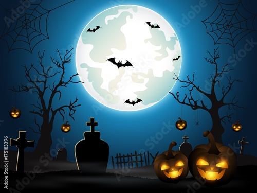 Halloween background with cemetery and bats