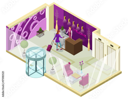 Hotel check in isometric 3d illustration with people, lobby, reception desk, marble furniture, trendy interior design, inside room view