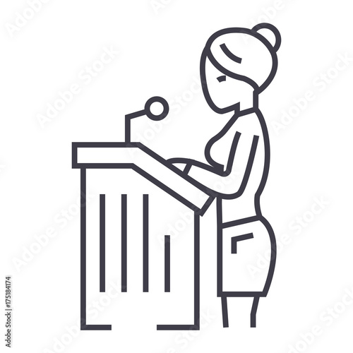 lawyer woman,speech in court vector line icon, sign, illustration on white background, editable strokes