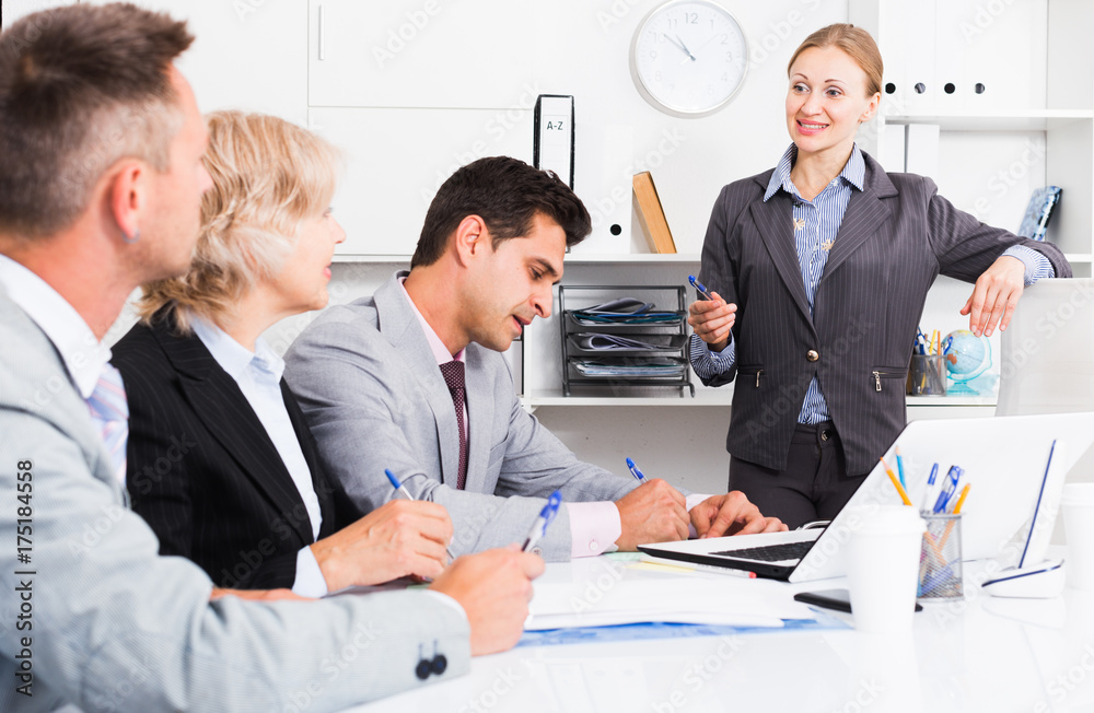 Fototapeta premium Businesswoman explaining to workgroup plans