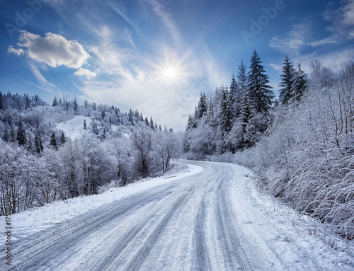Road in the mountains covered with snow