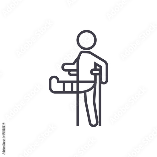 man with broken leg,gypsum foot crutch vector line icon, sign, illustration on white background, editable strokes