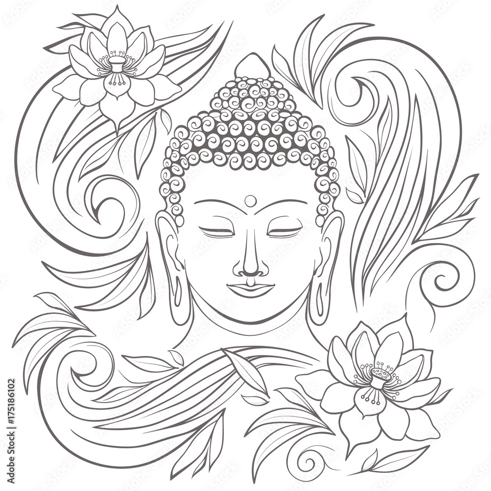 Gautama buddha with closed eyes and floral pattern vector illustration