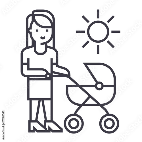 mother with baby stroller vector line icon, sign, illustration on white background, editable strokes