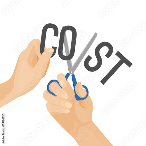 Human hands cutting word cost, concept of reduction budget cuts