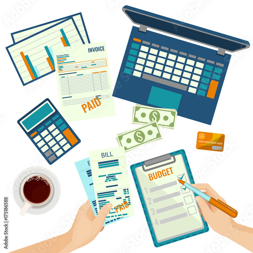 Budget plan human hands and papers on vector illustration