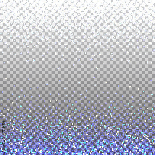 Blue glitter background. Blue sparkles on border. Template for holiday designs, invitation, party, birthday, wedding, New Year, Christmas Vector illustration