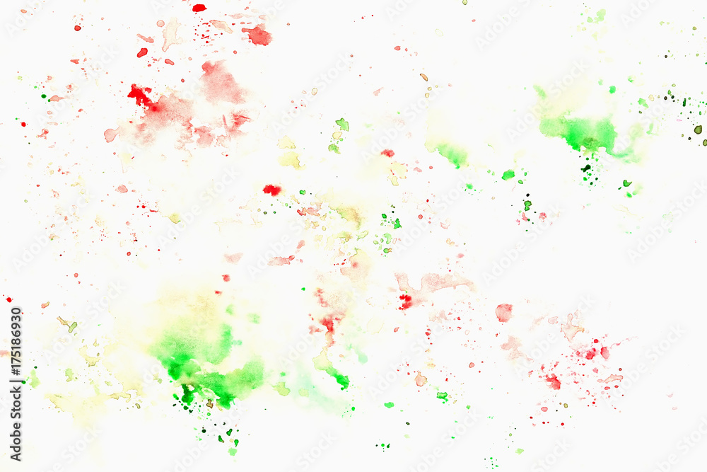 Green, red cheerful light multicolored spots on white paper, spring shades. Hand draw illustration.