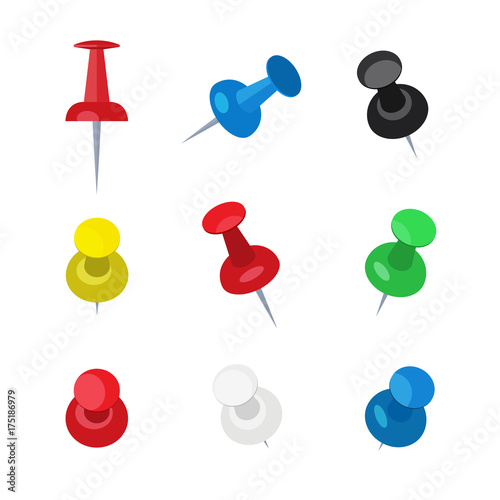 Push Pins Vector Collection, minimal colourful Isolated Pins on White Background