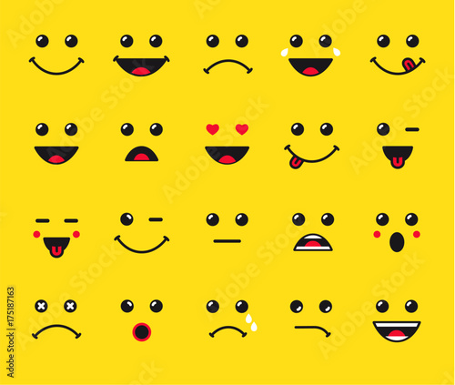 Set of emoticons or emoji illustration line icons. Smile icons line art isolated vector illustration on yellow background. Concept for World Smile Day smiling card or banner