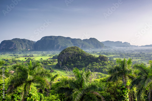Photography Beautiful morning view of green fields, trees and mogotes in Vinales Valley Cuba