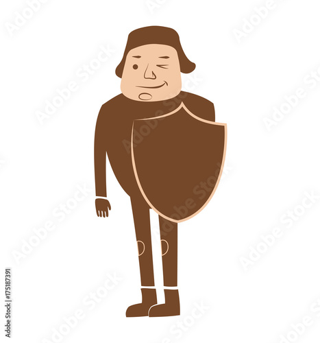 Simple, Brown Color Knight Vector Drawing Standing Straight With a Shield in One Hand and Winking with One Eye and Smiling a Little Bit. Wearing Boots and Medieval Warm Hat. 