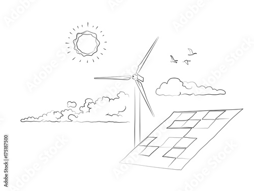 Simple hand drawn Cleantech industry scene with wind turbine and solar panels.
