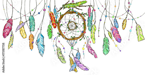 Watercolor dream catcher with bright colorful feathers swinging in wind.