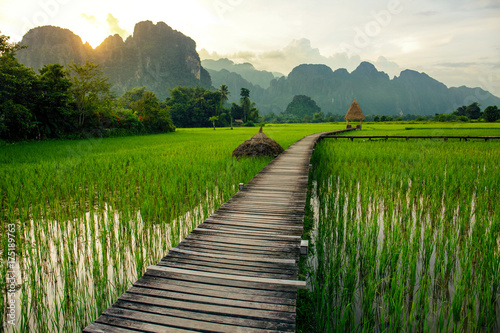 Sunset over green rice fields and mountains in Vang Vieng, Laos photo