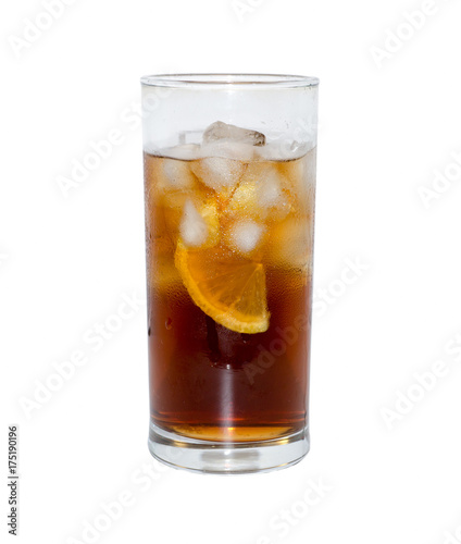 glass of cocktail or tea with ice and lemon isolated on white. object, beverage.