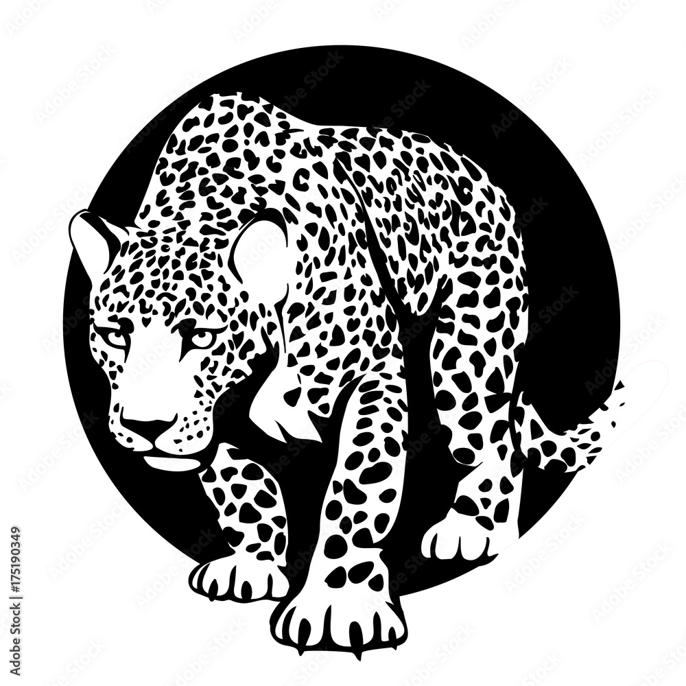 black and white silhouette of a leopard in a black circle black and white silhouette of a leopard in a black circle