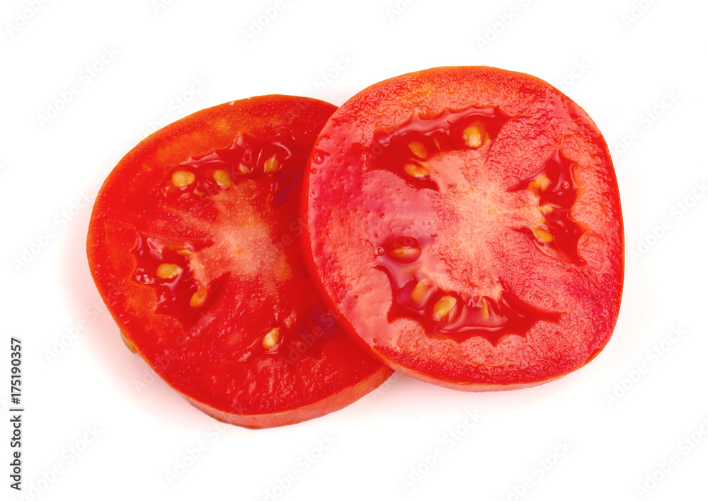 Two tomato slice isolated on white background. Top view Two tomato slice isolated on white background. Top view