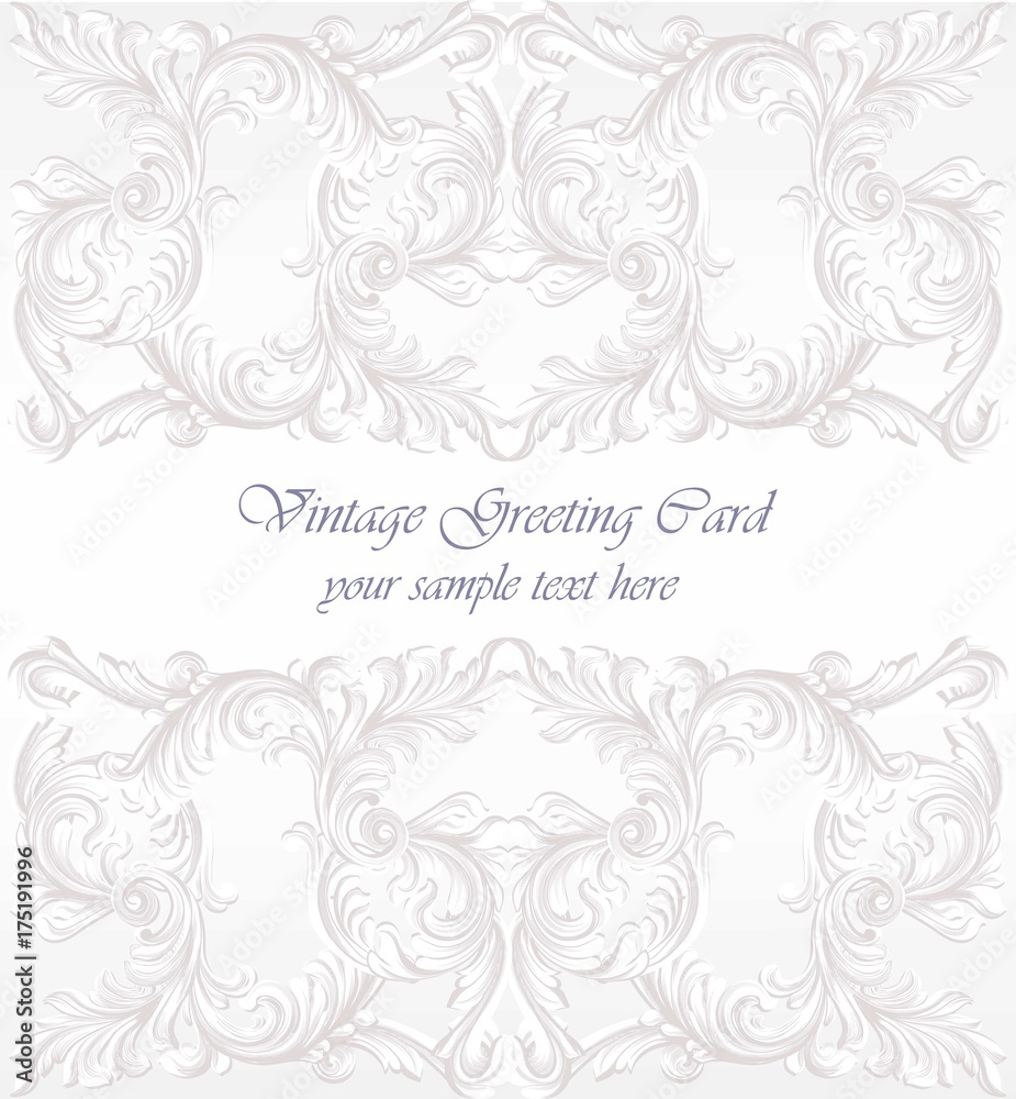 Invitation card Vector. Royal victorian pattern ornament. Rich rococo backgrounds. Pale lavender colors