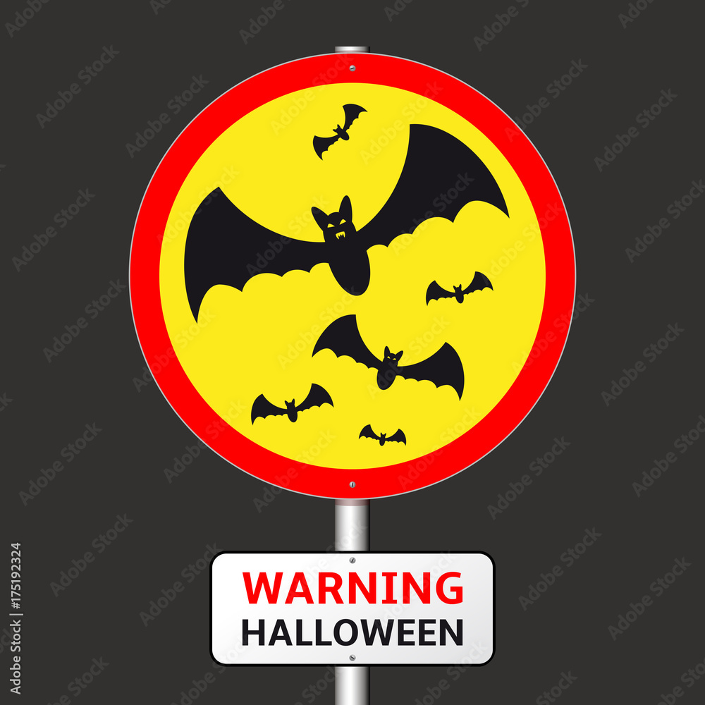 Warning Halloween road sign with bats silhouettes
