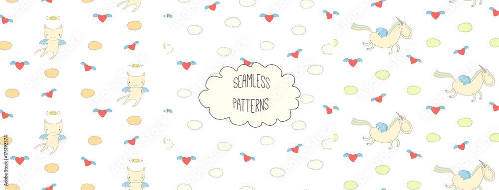 Set of hand drawn cute seamless vector patterns with little winged cat, unicorn, flying hearts and clouds, on a white background. Set of hand drawn cute seamless vector patterns with little winged cat, unicorn, flying hearts and clouds, on a white background.