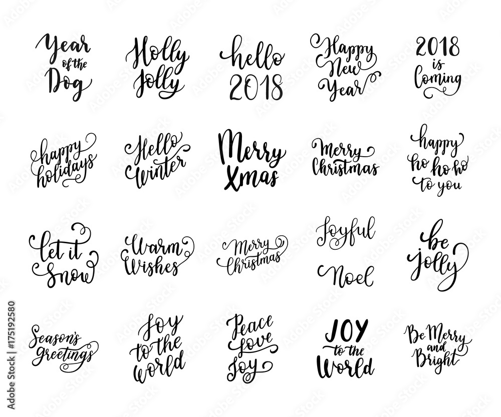 Happy New year and Merry Christmas hand lettering set for greeting cards. Vector winter holiday wishes.