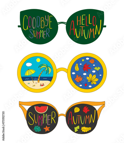 Hand drawn vector illustration of glasses, with text Goodbye Summer, Hello Autumn, beach scene and leaves inside the lenses.