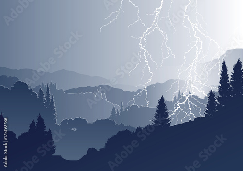 vektor berglandschaft mit Blitzen bei Gewitter