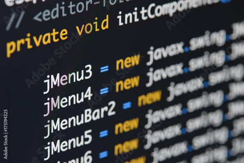 Real Java code developing screen. Programing workflow abstract algorithm concept. Lines of Java code visible . photo