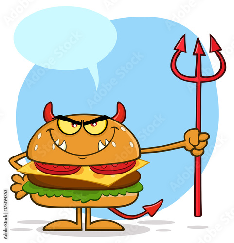Devil Burger Cartoon Character Holding A Trident. Illustration Isolated On White Background With Speech Bubble