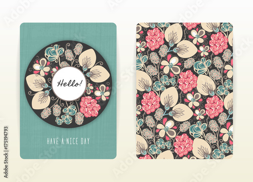 Cover design with floral pattern. Hand drawn creative flowers. Colorful artistic background with blossom. It can be used for invitation, card, cover book, notebook. Size A4. Vector illustration, eps10
