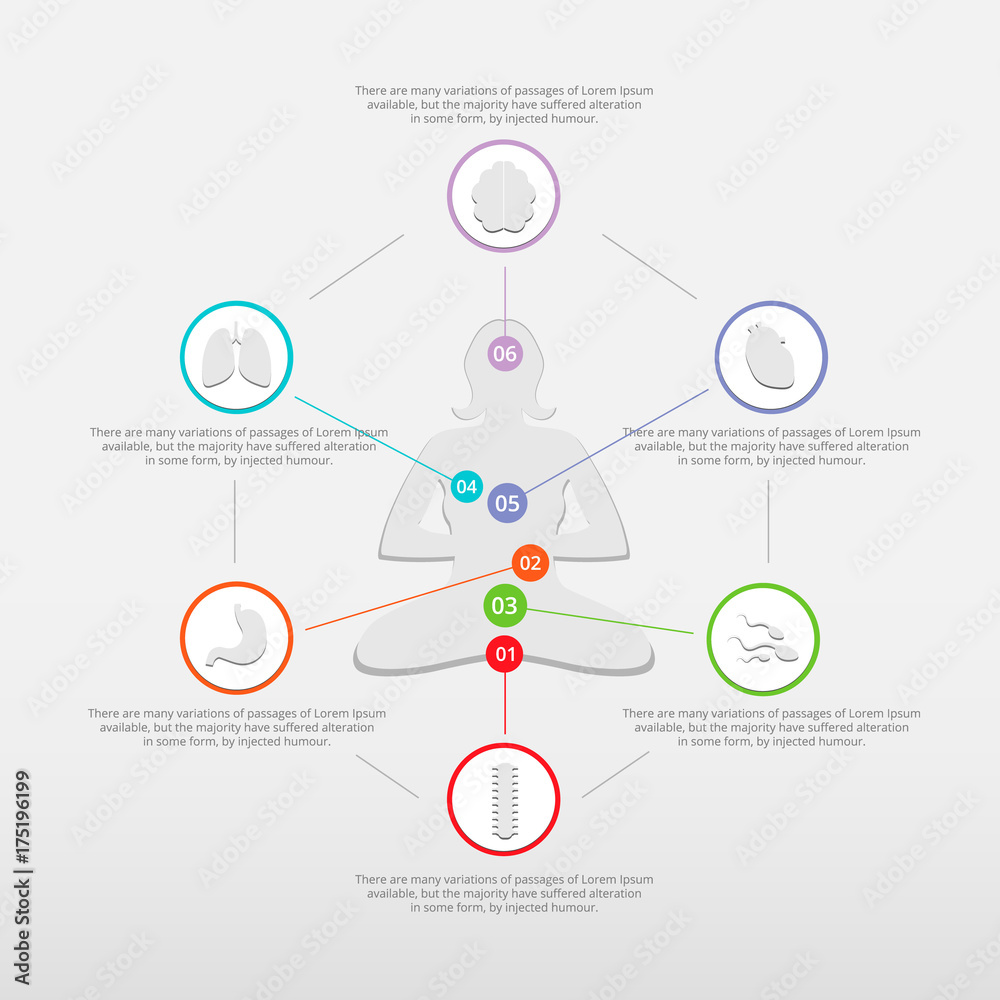 Fototapeta premium Infographic for Yoga Poses Meditation and Yoga Benefits with set of organ icons, Medical and health care report. Vector Illustration. 