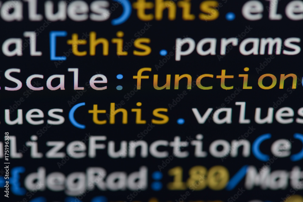 Real Java Script code developing screen. Programing workflow abstract algorithm concept. Closeup of Java Script and HTML code. Real Java Script code developing screen. Programing workflow abstract algorithm concept. Closeup of Java Script and HTML code.