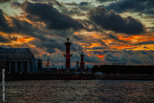Rostral columns on Vasilievsky Island during the white nights.