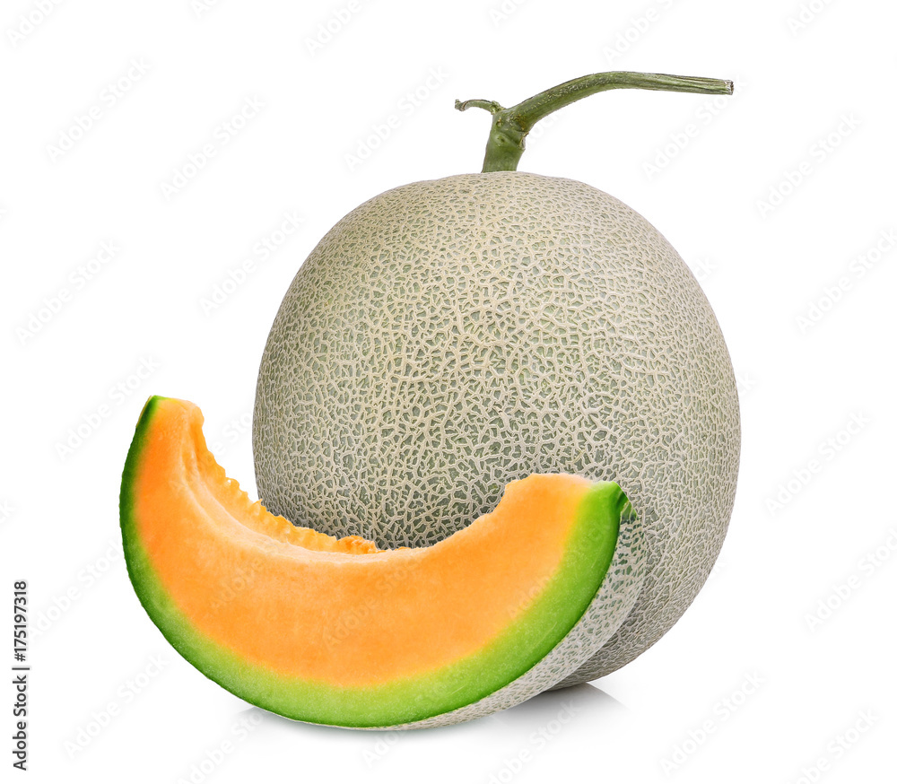 whole and slice of japanese melons, orange melon or cantaloupe melon isolated on white background whole and slice of japanese melons, orange melon or cantaloupe melon isolated on white background