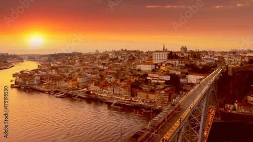 Porto old town skyline on the Douro River at sunset, Portugal