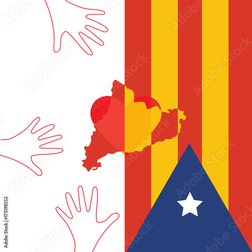 Catalonia vector map silhouette with a flag of Catalonia independence movement and supporting hands.