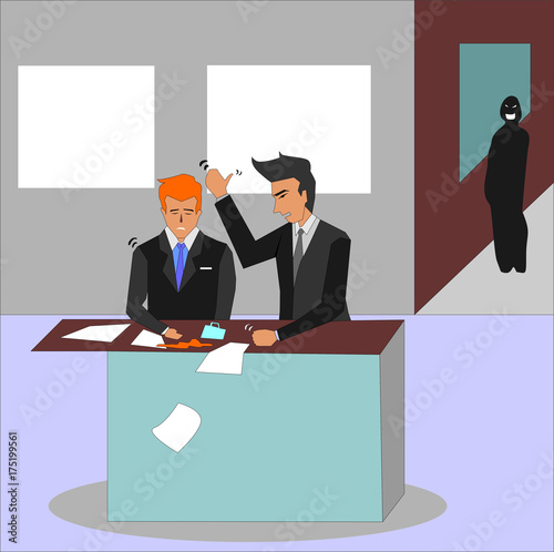 Angry boss screaming at his employee and hitting at his desk. Mobbing, stress, overwork concept illustration vector.