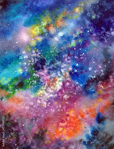 Space background. Watercolor art background with space, stars, milky-way. University art background. Multicolor abstract background. Wall art painting for home decor. Interior wall art. © oaurea