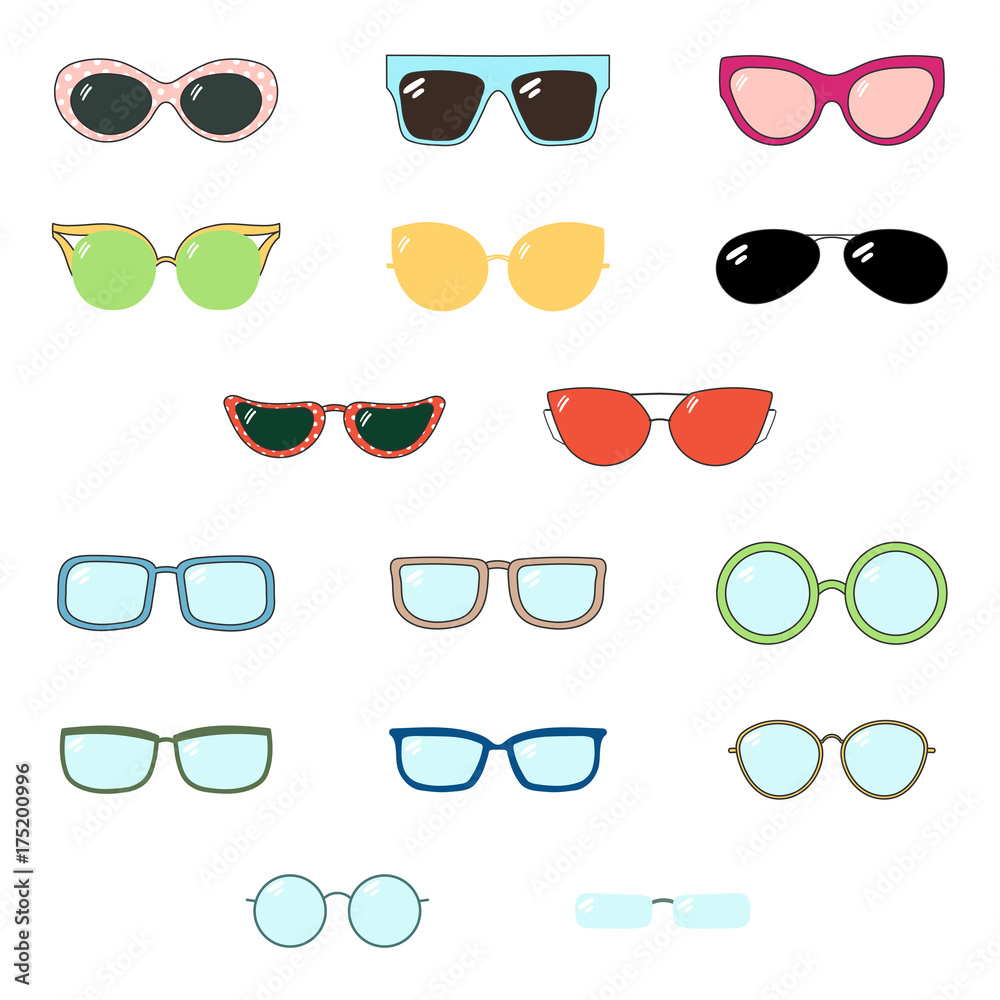 Set of hand drawn cute cartoon glasses and sunglasses of various colours and shapes. Set of hand drawn cute cartoon glasses and sunglasses of various colours and shapes.