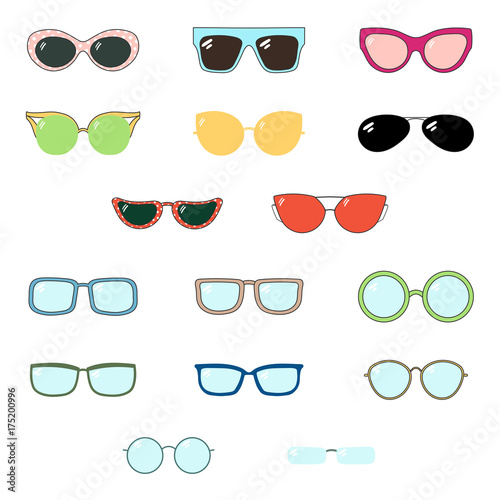 Set of hand drawn cute cartoon glasses and sunglasses of various colours and shapes.