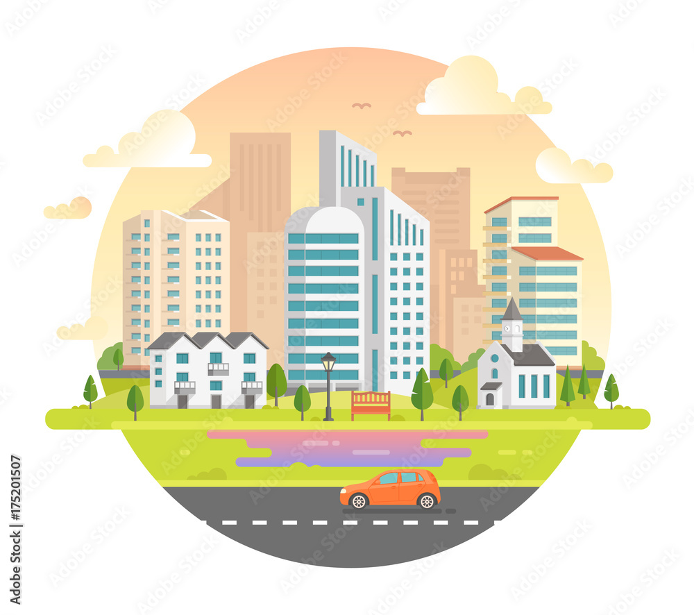 Cityscape with skyscrapers in a round frame - modern vector illustration