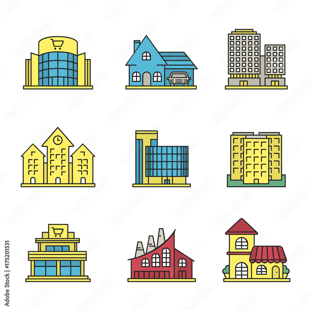 City buildings color icons set