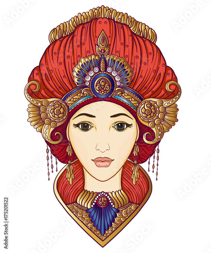 Young beautiful girl in rich decorated costume in oriental style