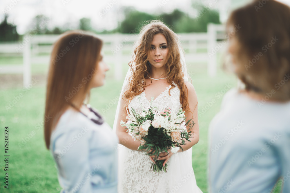 Bride with bridesmaids in the park on the wedding day Bride with bridesmaids in the park on the wedding day