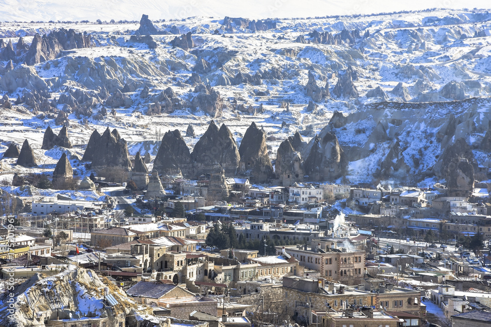 Cappadocia. Snow on the mountain landscape, Turkey