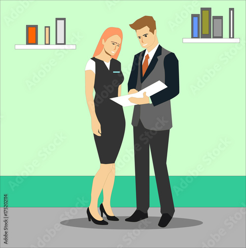 Businessman and business woman discussing ideas. Business people meeting concept illustration vector.