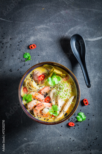 Tasty Malaysian Soup with chicken and shrimps
