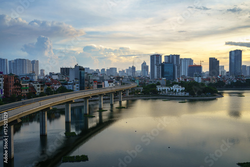 Aerial skyline view of Hanoi. Hanoi cityscape at twilight at Hoang Cau lake © Hanoi Photography