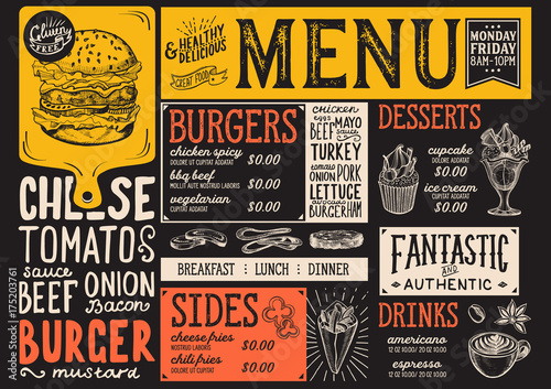 Burger menu restaurant, food template.